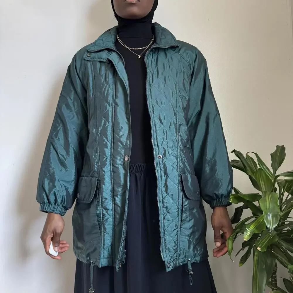 Vintage 90s London Fog Quilted Iridescent‎ Teal Parka Jacket - M